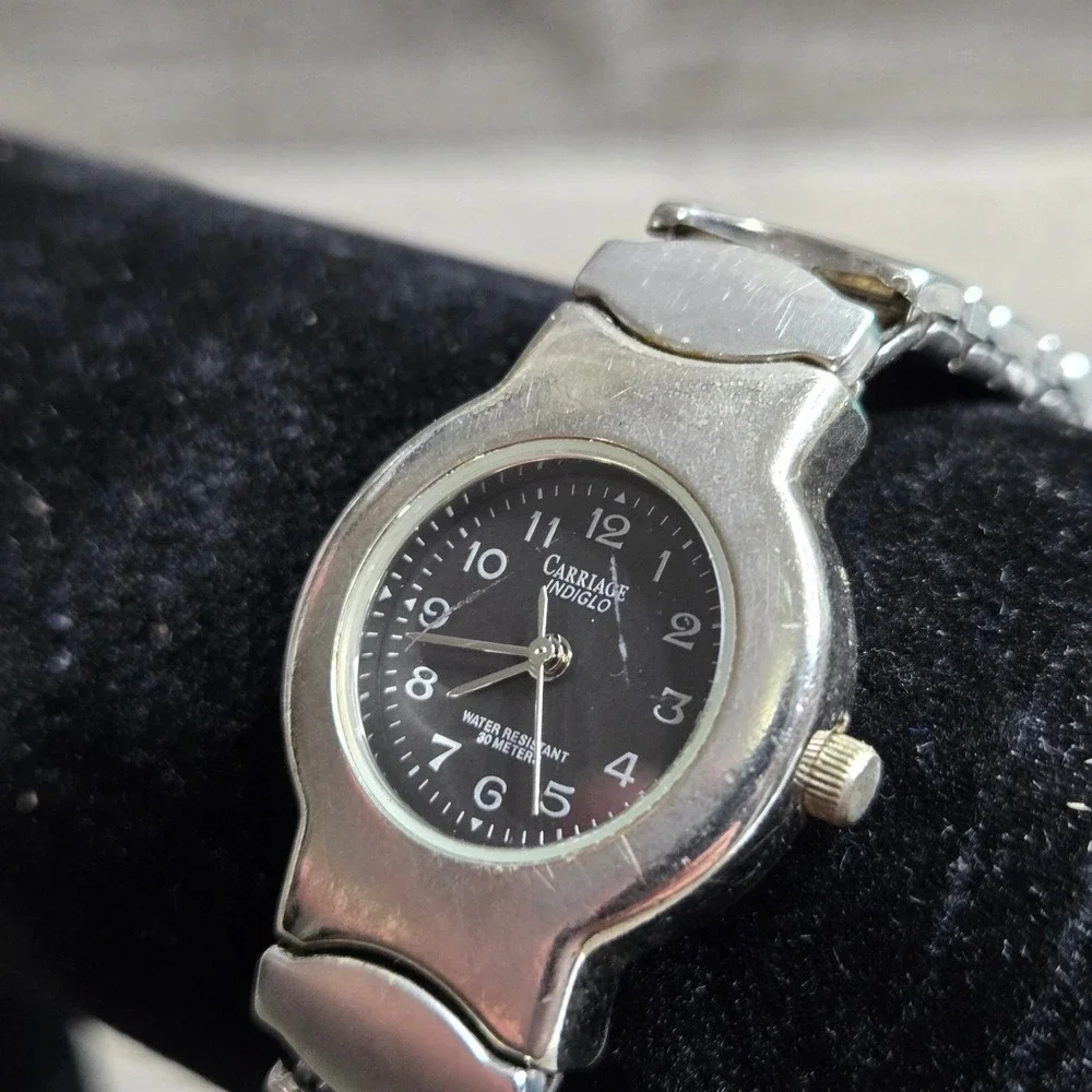 Carriage by Timex Indiglo Watch Black Dial Round Silver Tone Case Stretch Band 6